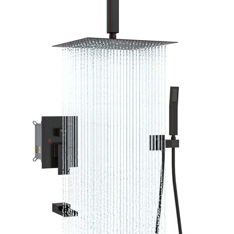 Système de douche à pression équilibrée avec pomme de douche à effet de pluie de 16 po et robinet de baignoire, douchette avec valve brute