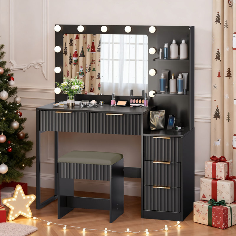 Lighted Vanity Set - 11pcs 3-Color Dimmable Bulbs, 5 Drawer, Black