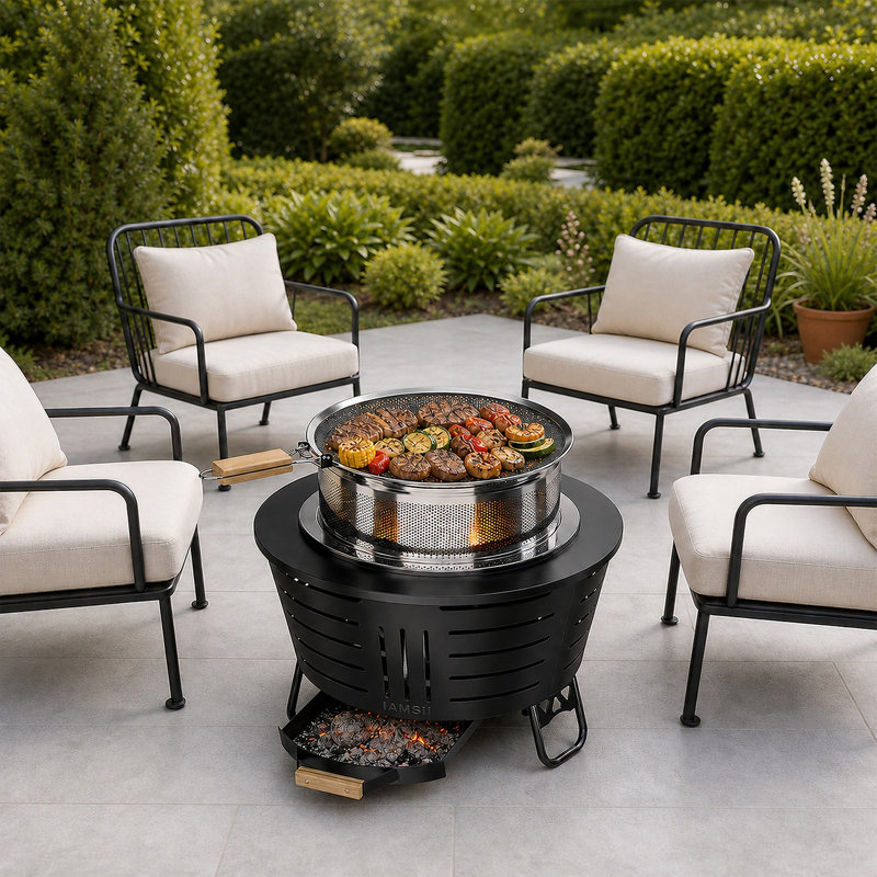 Foyer d'extérieur sans fumée 26 po - Foyer d'extérieur au bois en acier inoxydable à triple combustion avec poêle à griller, cendrier et support | Ensemble de foyer d'extérieur pour patio et cour arrière