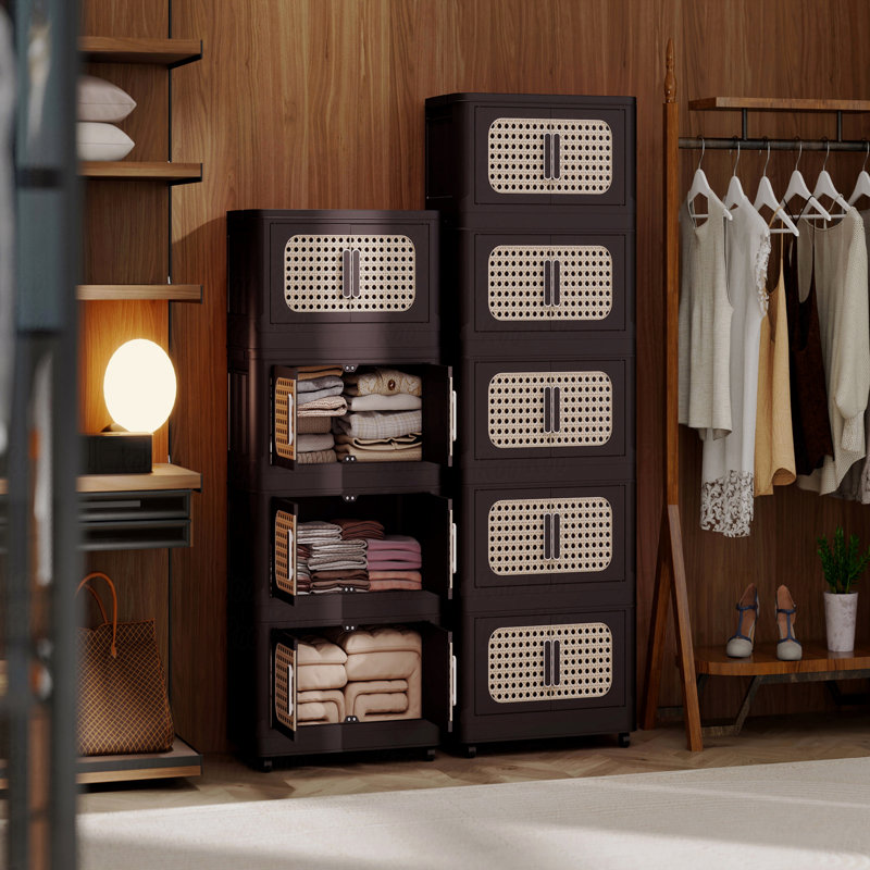 Armoire de rangement pliante en plastique à 5 niveaux avec roues et portes magnétiques, Brun