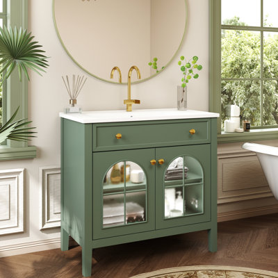 Meuble-lavabo de 91 cm (36 pouces), de style médiéval, en verre, éclairage à détecteur de mouvement, 2 placards pour le rangement du lavabo, étagères réglables