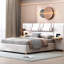 Grand lit tapissier en velours beige, deux prises et ports, rangement de chevet, prises élégantes et ports