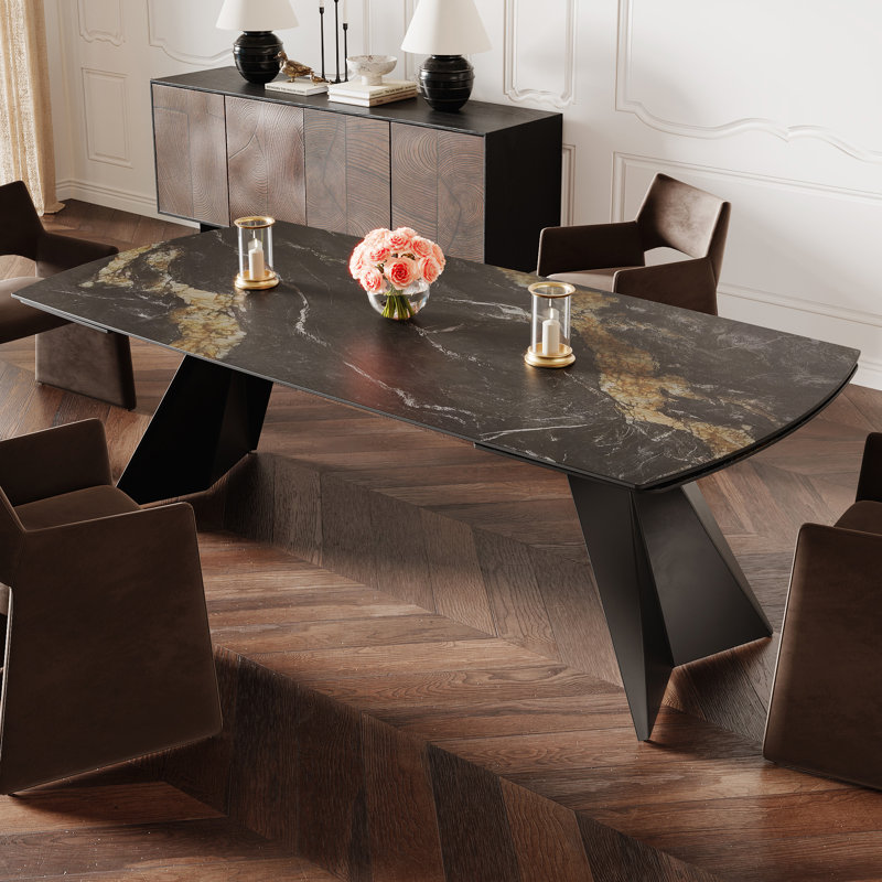 Moiser 78.8" to 110.2" Extendable Dining Table For 10-12 with Sintered Stone Top, Matte Black Gold Sand