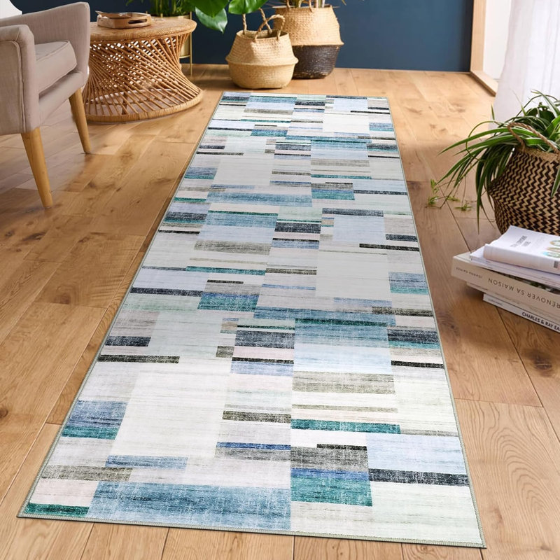 Washable Geometric Patchwork Rug, Non-Slip, Low Pile, Modern Farmhouse Carpet for Bedroom or Dining Room, Red, Runner 2' x 6'