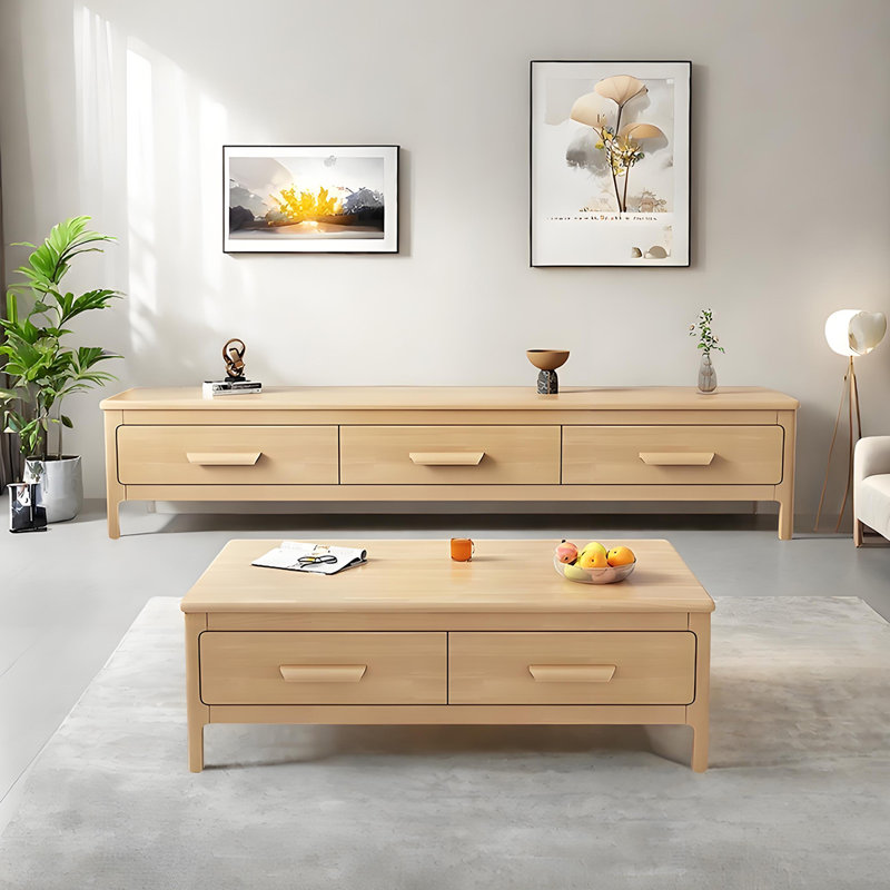 Ensemble de table basse et meuble télé en bois massif, Brun, Blanc / bois noueux