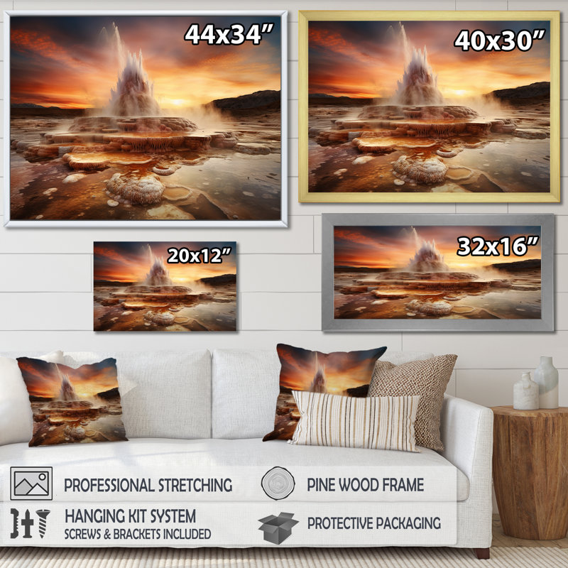 Éclosion volcanique au coucher du soleil I, Cadre simple blanc, H 34 po x l 44 po x P 1,5 po