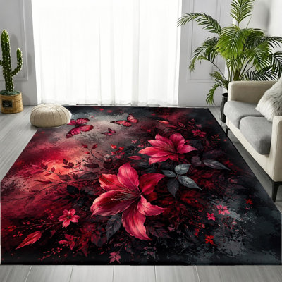 Tapis à motif floral rouge et rose, motif floral d'insectes en fleurs, tapis doux antidérapant durable et lavable à la machine, décoration intérieure élégante pour le salon, la chambre à coucher, le vestibule, la porte d'entrée, la cuisine, le balcon et l'appartement