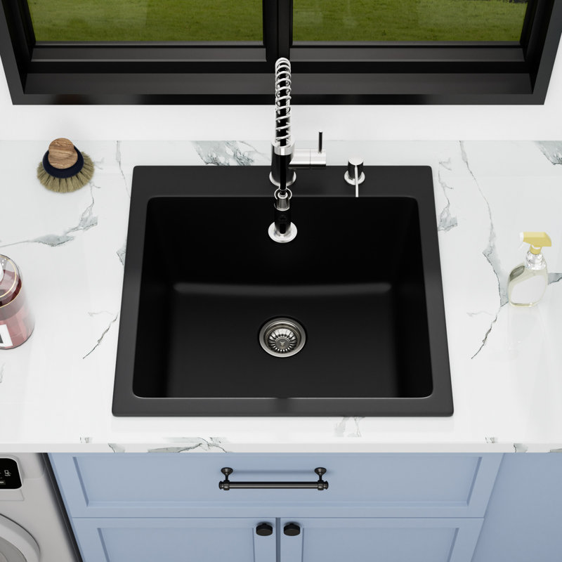 Quartz L 25 po x l 22 po x P 12 po en granite avec lavabo à cuve simple à cuve simple avec lavabo et distributeur de savon