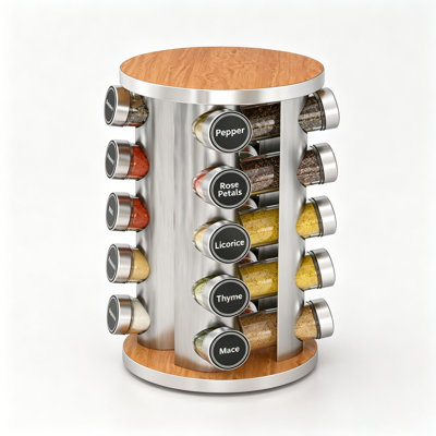 Revolving Spice Rack with 20 Jars and 386 Labels, Countertop and Cabinet Spice Tower Organizer