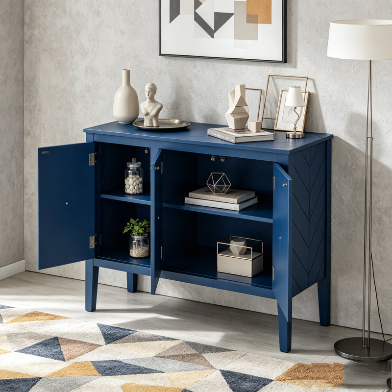 Buffet de rangement réglable avec 3 poignées rétro en métal et 4 pieds en pin, Navy Blue