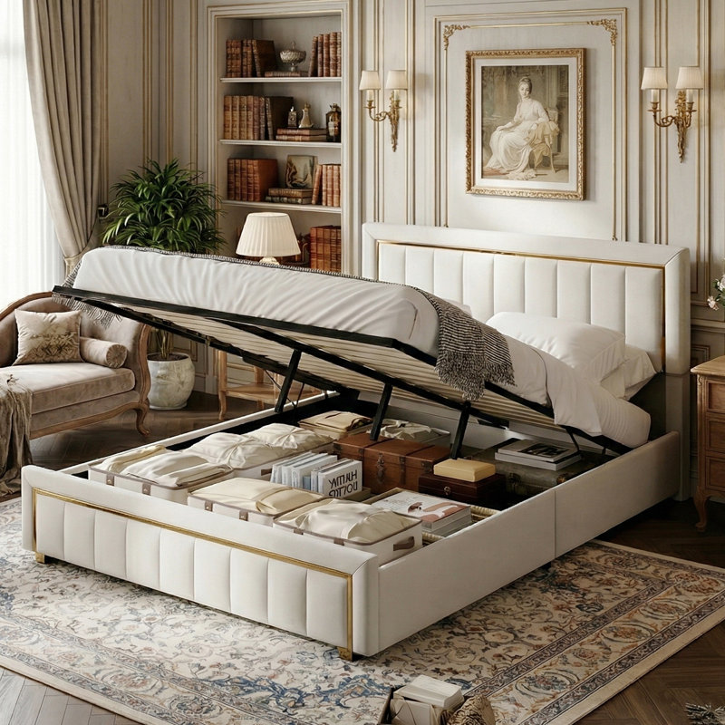 UK & EU Velvet Ottoman Bed with Fluted Gold-Trim Headboard, Luxury Gas-Lift Storage Bed, Beige/Black, Beige