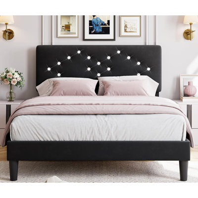 Queen Upholstered Platform Bed with Button Tufted Headboard, Storage, Black