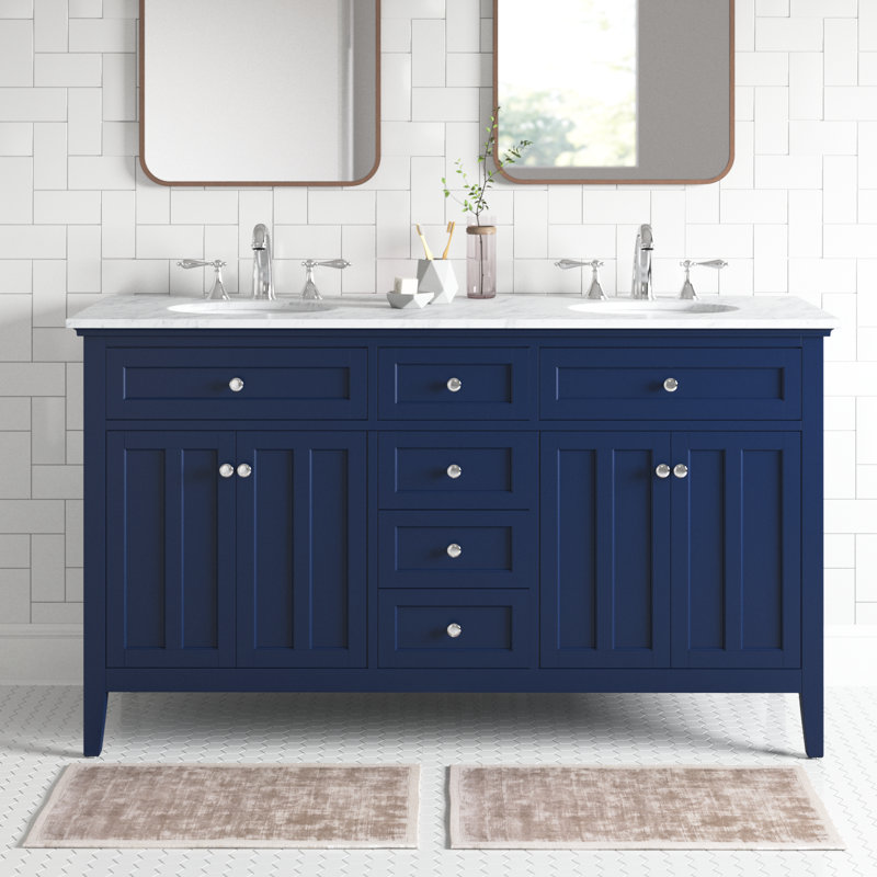 Ensemble de meuble-lavabo double 60 po Ain, Blanc de Carrare, Bleu