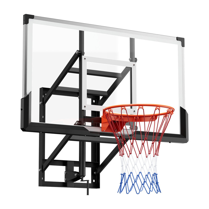 Wall Mount Basketball Hoop, 54-inch PC Backboard Mounted Basketball Hoop Outdoor with Hand-Crank Adjustment, 0.11 inch Thickened Backboard, Classic Basketballs Hoops Design, Indoor & Outdoor Use