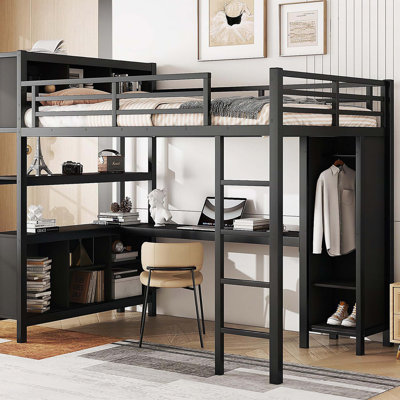 Metal Loft Bed With Wardrobe And L-Shaped Desk, Full Size Loft Bed With Storage Cubes And Shelves, Heavy Duty Loft Bed Forteens Adults