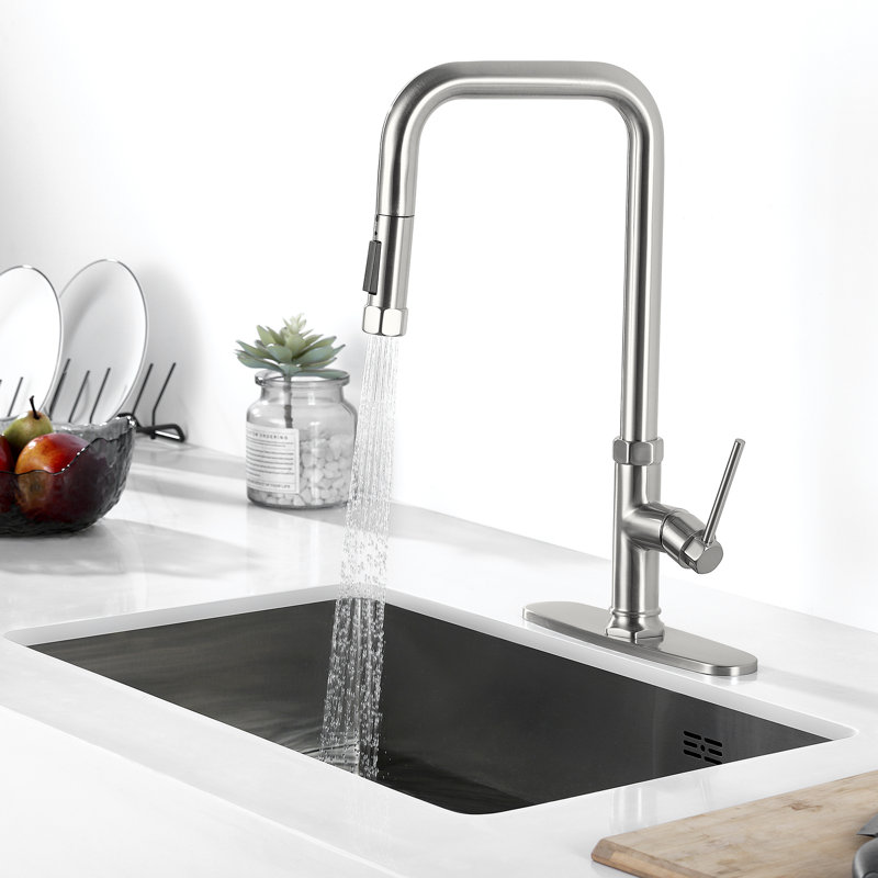 Robinet de cuisine extractible à poignée simple avec accessoires, Nickel brossé