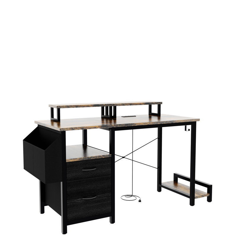 Bureau de 47 po avec prise de courant, 3 tiroirs, poche latérale, bureau d'étude facile à assembler, stabilité de la structure réversible pour le bureau personnel, le bureau d'ordinateur de l'entreprise, la table de jeu, la coiffeuse