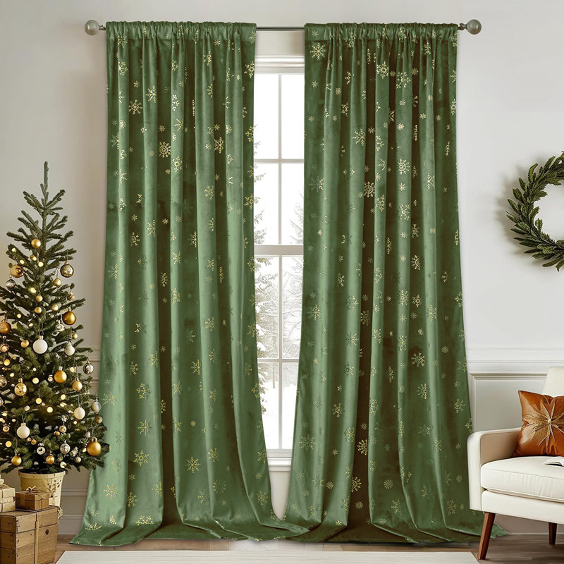 Christmas Green Velvet Curtains 96 Inches Long 2 Panels for Bedroom Living Room Gold Snowflake Holiday Decor Thermal Insulated Room Darkening Rod Pocket Window Treatments Drapes, 52X96