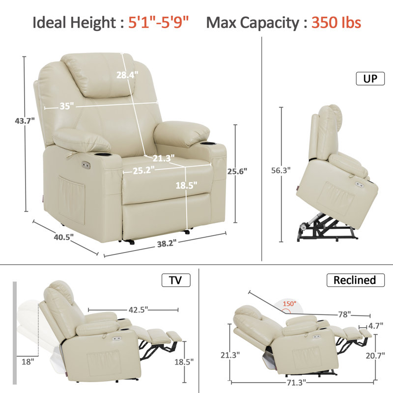 Fauteuil inclinable électrique de 25,2 po de largeur avec massage et chaleur, similicuir, Blanc, crème