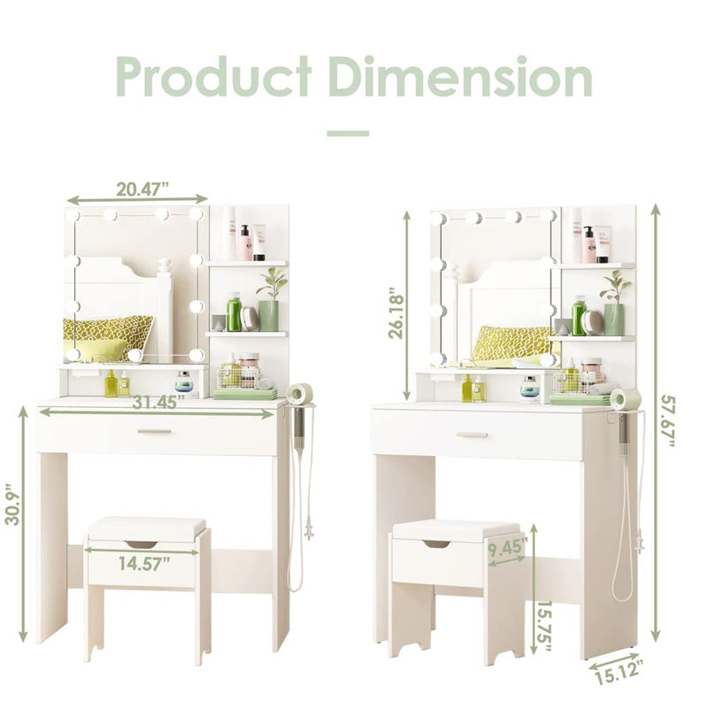 Ensemble coiffeuse 31,45 "avec miroir lumineux et tabouret, Blanc