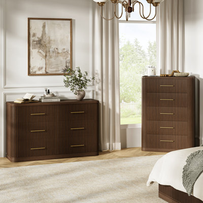 Eldora 2-Piece Modern Fluted Solid Wood Bedroom Dresser and Chest Set with Oak Texture