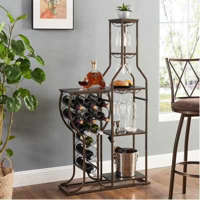 Support à vin moderne pour 11 bouteilles, support à vin autoportant à 5 niveaux avec porte-verres à vin suspendu et tablettes de rangement