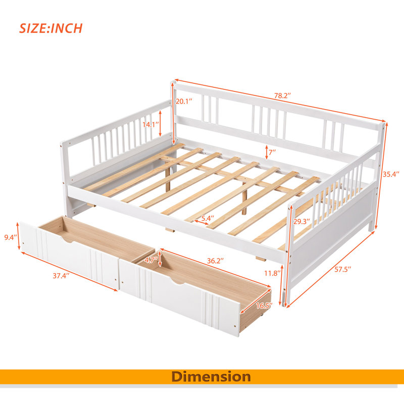 Full Size Daybed Wood Bed With Two Drawers, White