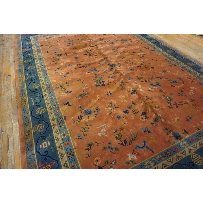 Chinese Wool Rectangle Knotted 1920s Room Size - Art Deco Antique Coral Rug