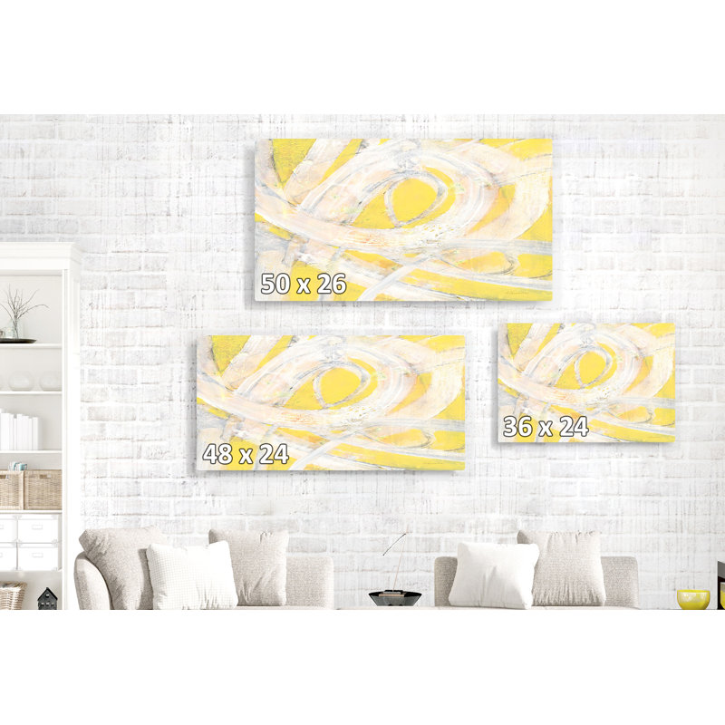 Tourbillon de soleil, tourbillons, lignes blanches, sur fond jaune, abstrait, or, H 16 po x l 24 po x P 1,5 po
