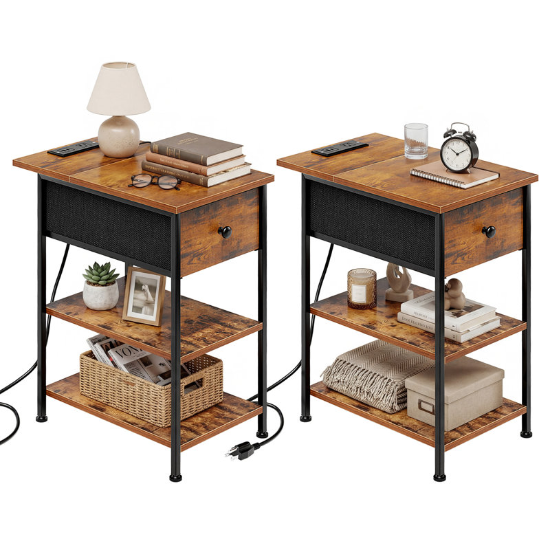 Table de bout avec tablettes et station de charge, table d'appoint rabattable avec ports et prises USB, table de chevet, table de chevet