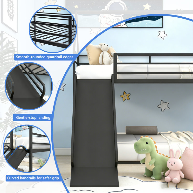 Twin Over Twin Metal Frame Kids Bunk Bed With Slide & Ladder, Black