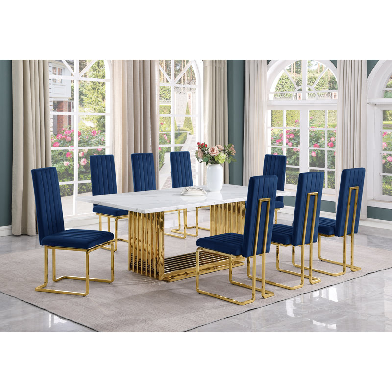 Valier Marble Top Open Dining Set, 9, Navy/Gold, Gold