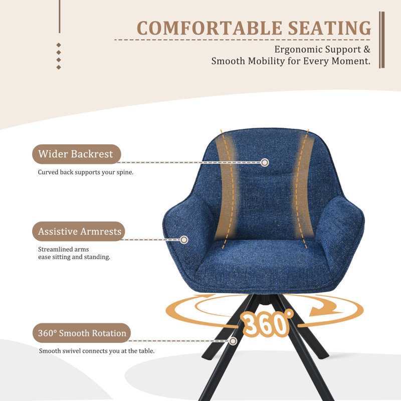 48.5cm H Swivel Upholstered Dining Chairs- Ergonomic Back, Navy Chenille