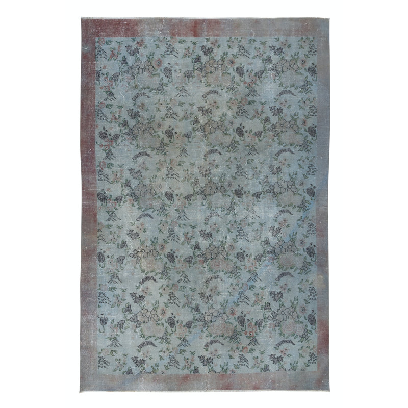 Tapis turc à motif de fleurs fait à la main 7 x 10,4 pi avec bordure rouge uni et fond bleu clair
