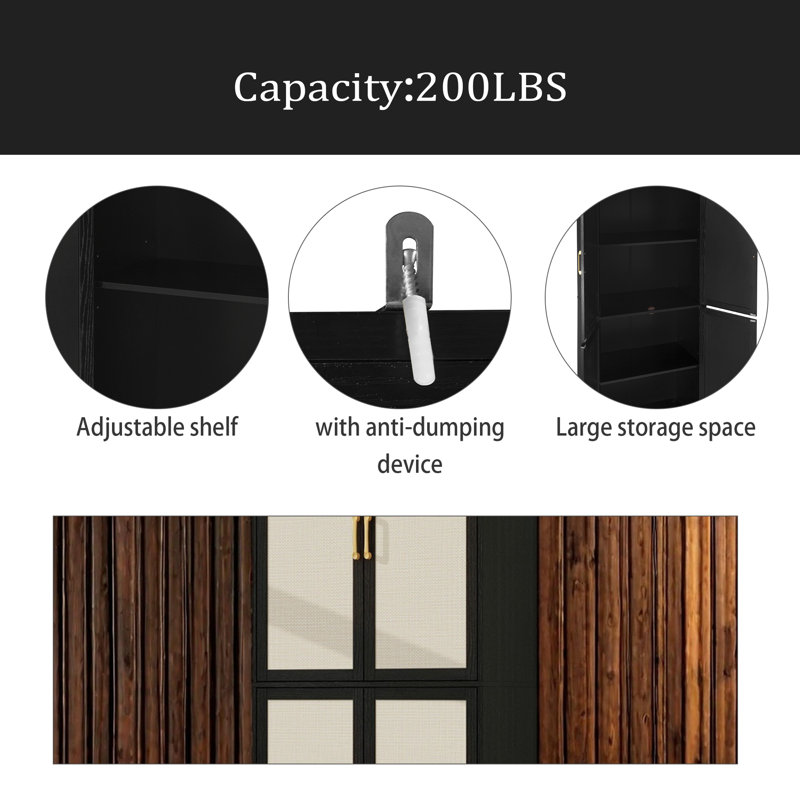 Armoire à 4 portes, avec 4 tablettes intérieures réglables, armoire de rangement, Noir/naturel