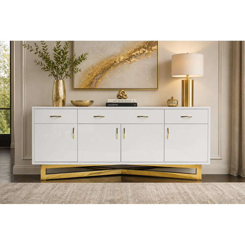 Maximo White High-Gloss Lacquer Sideboard – Gold Base, Gold/White High Gloss Lacquer