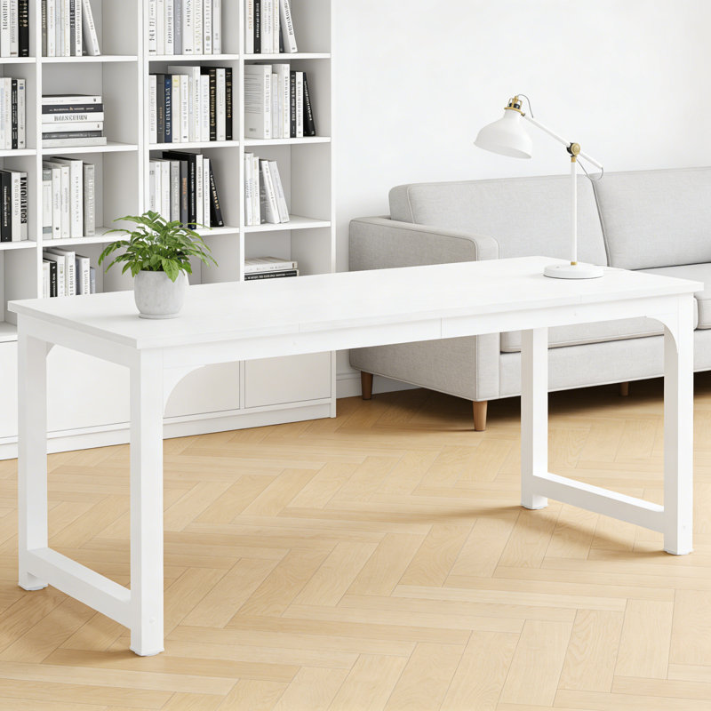 Rectangular Writing Desk With White Engineered Wood Top And White Metal Base For Home Office, 29.25" H x 70.2" W x 31.2" D