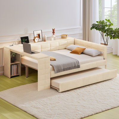 Upholstered Platform Bed With Trundle, Integrated Desk And Storage Shelve by Latitude Run
