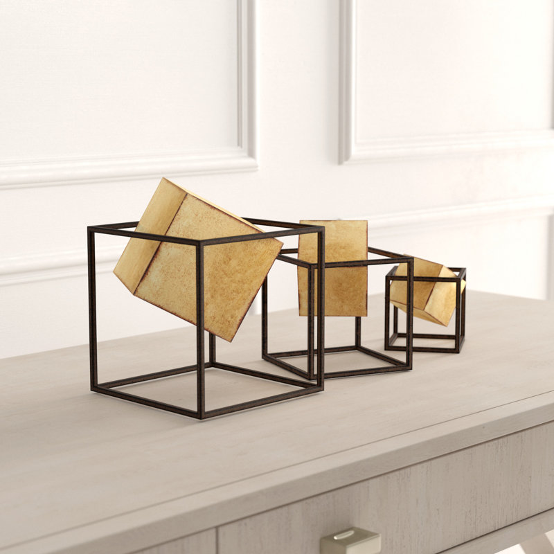 Gold and Black Metal Geometric Cube Decor Set, 3-Piece