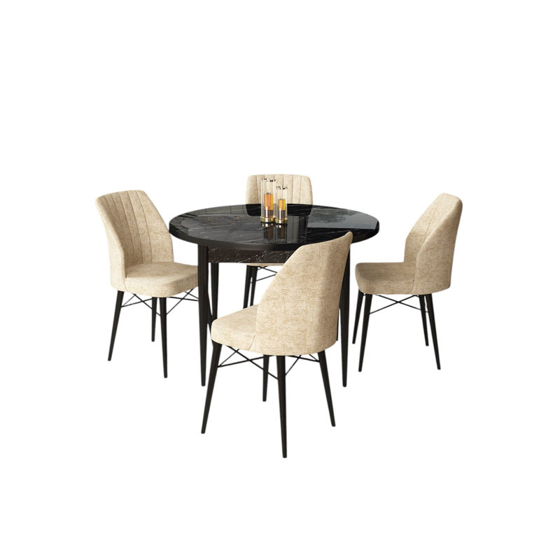 Ensemble de table et chaises de salle à manger moderne 5 pièces, marbre noir et crème | Table en carton 100% mélaminé (35,4 x 29,5 x 35,4 pouces) et 4 chaises (17,7 x 36,6 x 16,5 pouces) | Pieds en bois durables et structure en métal, conception élégante pour les salles à manger contemporaines
