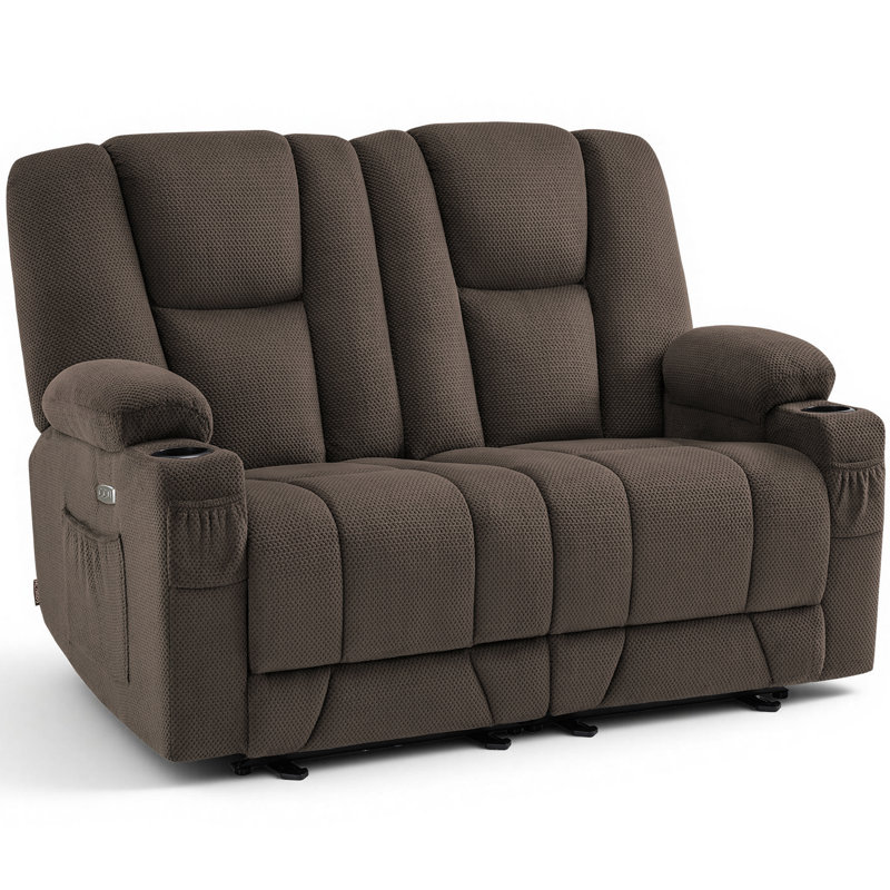 Electric Reclining Loveseat Sofa with Heat and Massage, Cup Holders, USB Charge Port, Brown Polyester Blend