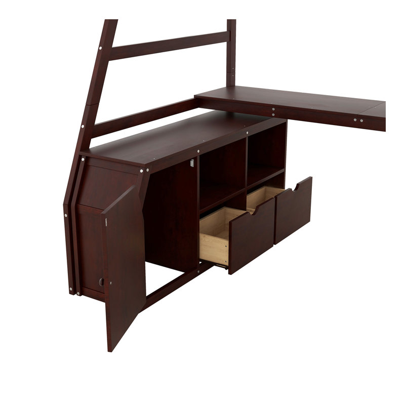 Lit mezzanine simple avec 7 tiroirs, 2 tablettes et bureau - Espresso, Lit simple, Espresso