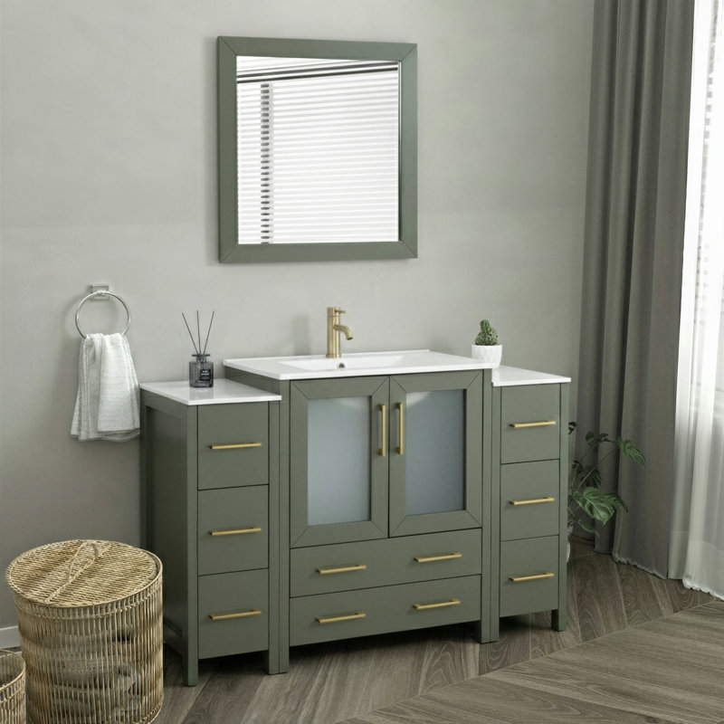 Brescia 54" Single Sink Freestanding Bathroom Vanity with Ceramic Top and Matching Mirror, Vintage Green
