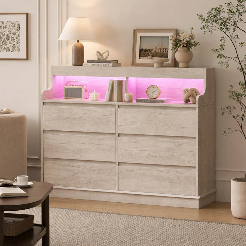 Commode 6 tiroirs avec lumières DEL et station de charge, commode large moderne avec tablette ouverte, grande armoire de rangement pour la chambre à coucher, le salon ou le couloir