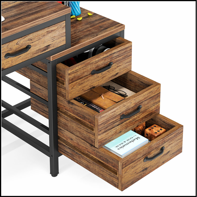 Bureau d'ordinateur réversible de 51 pouces avec 5 tiroirs et classeur, bureau à domicile rustique avec support pour imprimante, table d'écriture industrielle pour petits espaces