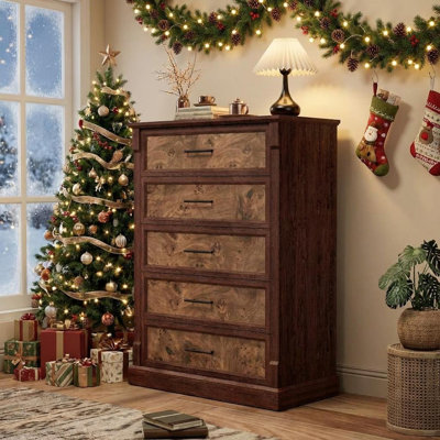 Farmhouse 5 Drawer Dresser for Bedroom, Tall Chest of Drawers with Metal Handles, Rustic Wooden Dresser TV Stand, for Living Room, Hallway