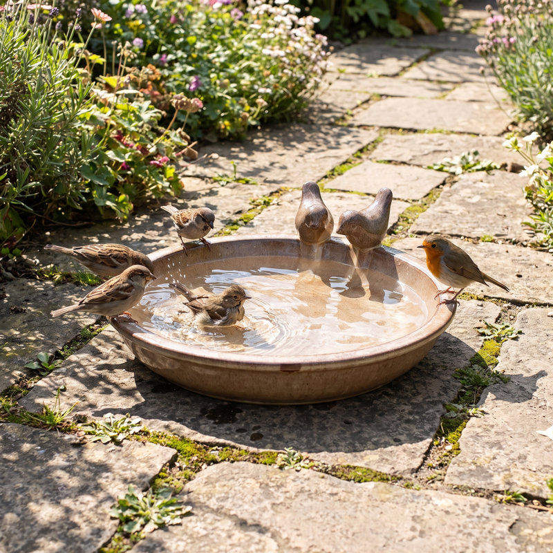 Cuvette de bain d'oiseaux 11,8 "avec ornements rétro pour oiseaux, Light Brown