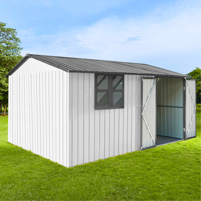 Metal outdoor storage sheds with window, Gray/White, 80.62" H x 147.61" W x 121.21" D