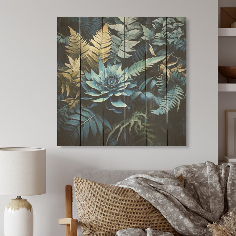 Fougères bleues Verdant Elegance I - Fougères, art mural sur bois de pin naturel, H 15 po x l 15 po