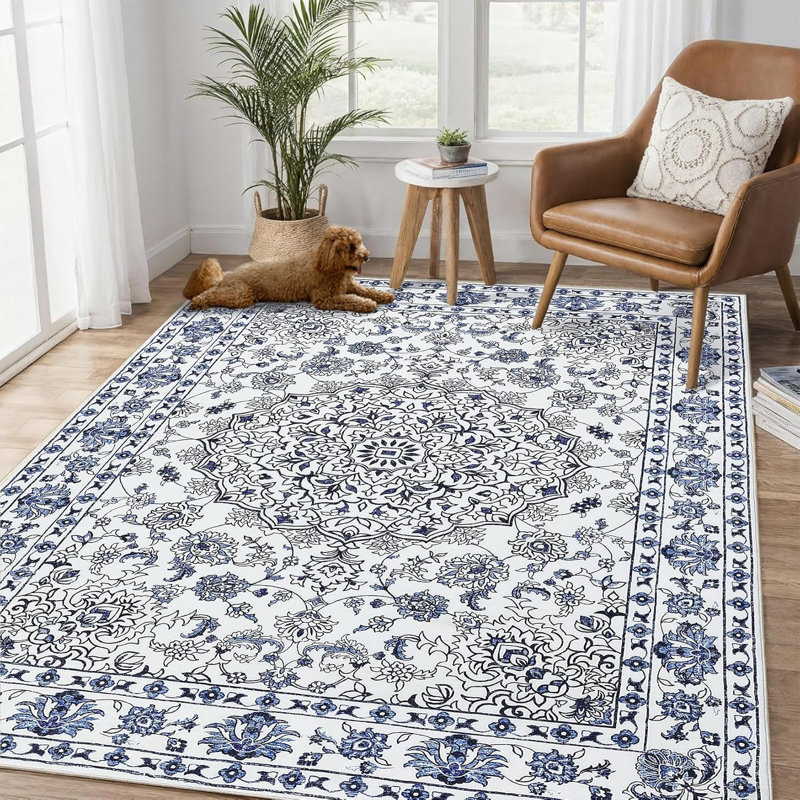 Washable Vintage Area Rug - Non-Slip Low Pile Carpet for Living Room, Bedroom & Dining Room, Water Repellent Design
